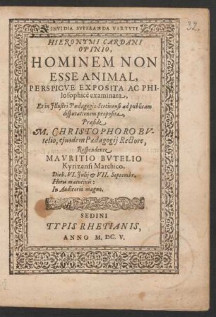Hieronymi Cardani Opinio, Hominem Non Esse Animal, Perspicue Exposita Ac Philosophice examinata