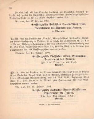 24. Ministerial-Bekanntmachung, betreffend Wechsel in der Hauptagentur der "Urania" Aktiengesellschaft für Kranken-, Unfall- und Lebens-Versicherung in Dresden