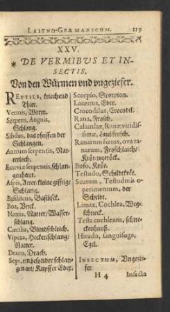 XXV. De Vermibus Et Insectis, Von den Würmen vnd vngeziefer.