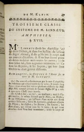 Troisieme Classe Du Systeme De M. Linnæus. Amphibies.