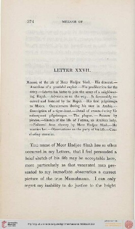 Letter XXVII: Memoir of the life of Meer Hadjee Shah, His descent, ...