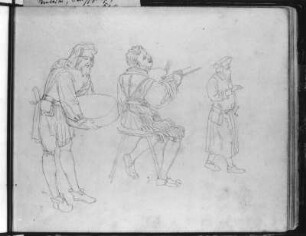 Studien nach dem Werk des Petrarca-Meisters : Rietschel, Ernst. Studien, nach dem Werk des Petrarca-Meisters "M. T. Ciceronis officia, ein Buch zu seinem Sune Marco, in teutsche Reime gebracht" (Augsburg 1531). Skizzenbuch B, fol. 7. Bleistift; 16,7 x 20,6 cm (Blattgröße). Um 1825/1830/1831. Privatbesitz. WVZ S. 293
