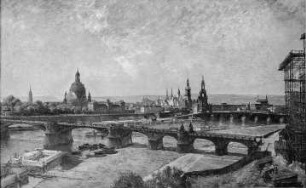 Blick auf Dresden vom Neustädter Ufer oberhalb der Carolabrücke : Blick auf Dresden vom Neustädter Ufer oberhalb der Carolabrücke. Öl/Leinwand; 126 x 198 cm. 1902