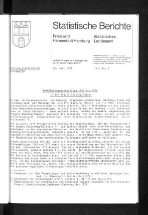 Bevölkerungsentwicklung 1961 bis 1973 in der Region Hamburg/Umland