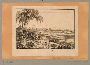 Blick vom Borsberg bei Pillnitz nach SO über das Elbtal in die Sächs. Schweiz, von links die Aussichtsplattform auf dem Borsberg, die Tafelberge und Pirna mit dem Sonnenstein, Probedruck für Albina - Taschenbuch für Wanderer