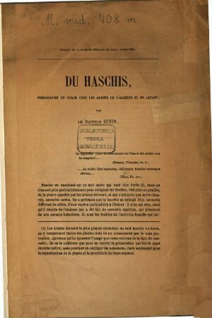 Du Haschis, préparation en usage chez les Arabes de l'Algérie et du Levant : (Extrait de la Gazette médicale de Paris, 1861)