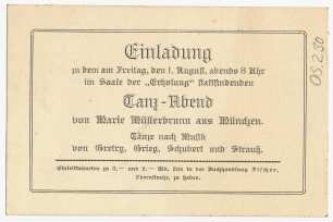 Einladung zum Tanz : Einladungskarte für Tanz-Abend im August von Marie Müllerbrunn aus München, o.D.