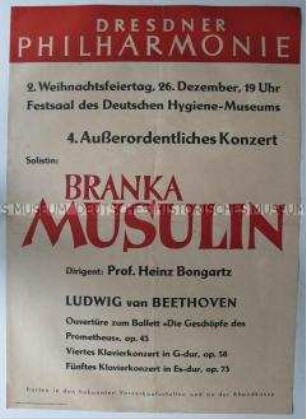 Plakat über das 4. Außerordentliche Konzert mit der Solistin Branka Musulin in der Dresdner Philharmonie