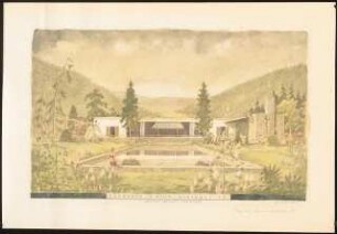 Landhaus, Nyon (Haus Schwebes, zahlreiche Varianten): Perspektivische Ansicht (Gartenseite, Sommer, Flachdach ohne Dachüberstand)