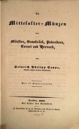 Die Mittelalter-Münzen von Münster, Osnabrück, Paderborn, Corvei und Hervord : mit 13 Kupfertafeln