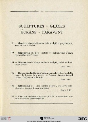 Sculptures - Glaces - Écrans - Paravent (Nr. 101-113)