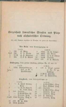 Alte Reihe. Bäckergang. Bergstraße. [Bierträgergang. Blocksberg. Brunswiekerstraße. Budendang. Burgstraße.]