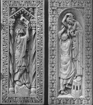 Berlin, Diptychon mit Moses (empfängt die Gesetztestafeln) und ungläubigem Thomas, Elfenbein, Echternacher Meister oder aus Trier; Staatliche Museen zu Berlin - Preußischer Kulturbesitz, Skulpturensammlung
