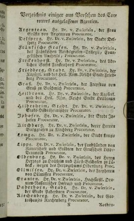 Verzeichnis einiger aus Versehen des Correctors ausgelassener Agentien.