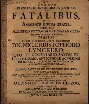 Disputatio Inauguralis Iuridica De Fatalibus