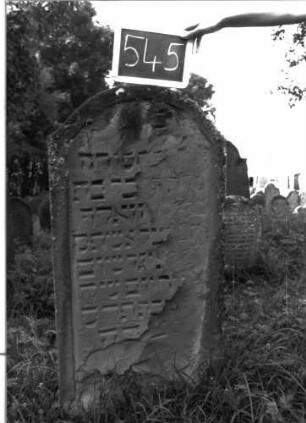 Grabstein 545 (Index: 100102539) Material: Sandstein Zustand: stark verwittert, abgeblättert, teilweiser Textverlust Maße HxBxT: 23x58x10 cm Beschreibung: Stele, Konvexbogenabschluss, Schriftfeld eingetieft: Grabstein 545