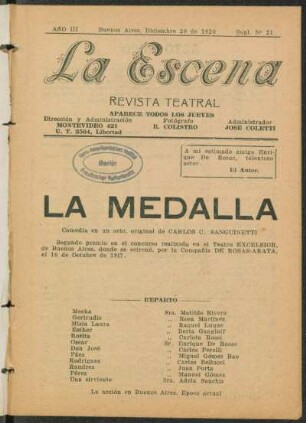 La medalla : comedia en un acto