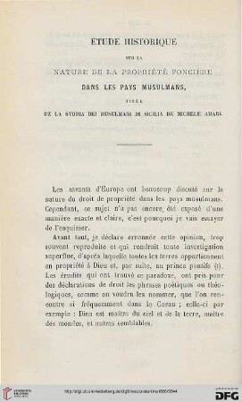Étude historique sur la nature de la propriété foncière dans les pays musulmans : tirée de la storia dei musulmani di sicilia de Michele amari
