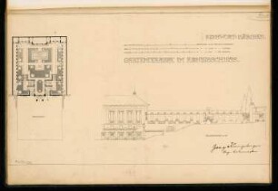 Gartenhof in einem fürstlichen Palast Monatskonkurrenz Dezember 1903: Grundriss 1:300; Längsschnitt mit Innenansicht eines Seitenflügels 1:150; 3 Maßstabsleisten