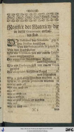 Register der Materien, die in dieser Grammatic enthalten sind.