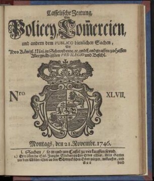 Nro. XLVII, Montags, den 21. Novembr. 1746