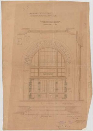 Thiersch, Friedrich von; München; Münchner - Kindl - Keller, Erweiterungsbau - Haupteingangstür (Grundrisse, Ansicht, Schnitt)