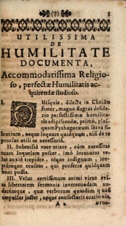 R. P. Sanctii De S. Catharina Ordinis S. Bernardi, Utilissima De Humilitate Documenta : Accomodatissima Religioso perfectae Humilitatis acquirendae studioso ; Italico olim idiomate vulgata