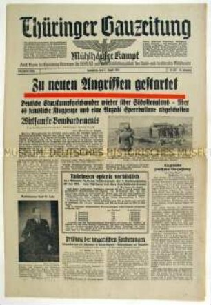 Regionale Tageszeitung der NSDAP "Thüringer Gauzeitung" u.a. zur Bombardierung britischer Städte