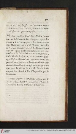 Extrait des Registres de lÀcadémie Royale de Peinture & de Sculpture, du trente Décembre mil sept cent quatre-vingt-six