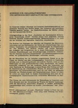 Hinweise zur Organisatorischen und Methodischen Gestaltung des Unterrichts