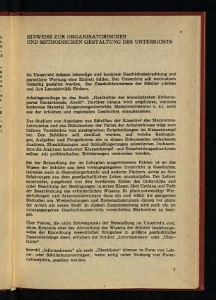 Hinweise zur Organisatorischen und Methodischen Gestaltung des Unterrichts