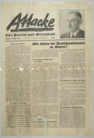 Deutschnationale Wahlzeitung "Attacke" aus dem Vorfeld der Reichstagswahl vom 6. November 1932