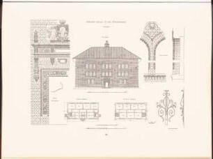Gemeindeschule in der Grenzstraße, Berlin: Grundriss EG, 1.OG, Ansicht Schulgebäude, Details (aus: Neubauten der Stadt Berlin, Bd. I, 1902)