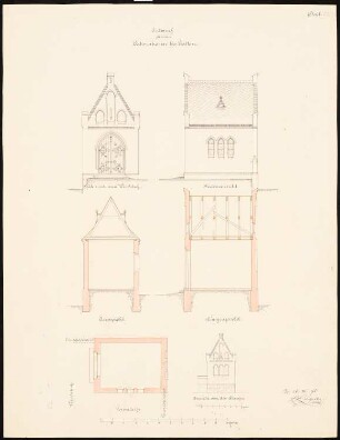 Evangelische Kirche, Modlau Wiederaufbau: Leichenhalle: Grundriss, 3 Aufrisse, 2 Schnitte, Maßstabsleisten (Meter)