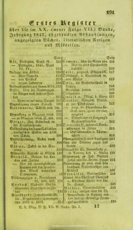 Erstes Register. Ueber die im XX. (Neuer Folge VII.) Bande, Jahrgang 1842, abgedruckten Abhandlungen, angezeigten Bücher, literarischen Notizen und Miscellen