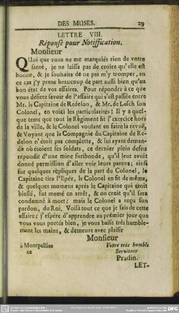Lettre VIII. Response pour Notiffication