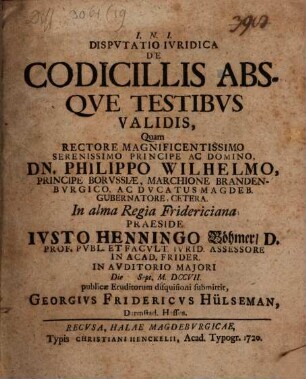 Dispvtatio Ivridica De Codicillis Absqve Testibvs Validis