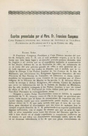Escritos presentados por el Pbro. Sr. Francisco Campmas ...