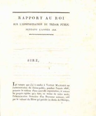 Rapport au Roi sur l'administration du trésor public pendant l'année 1808.