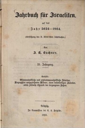 Jahrbuch für Israeliten, 21. 1864 (1863)
