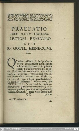 Praefatio Priori Editioni Praemissa. Lectori Benevolo S. P. D. Io. Gottl. Heineccius. Ic.