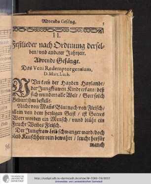 II. Festlieder nach Ordnung derselben/vnd anderer Jahrzeit. Advends Gesänge