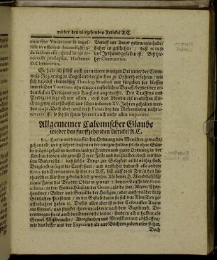 Allgemeiner Calvinischer Glaube wieder den fünffzehenden Artickel A. C.