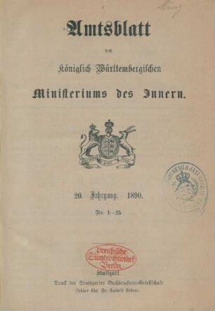 20.1890: Amtsblatt des Württembergischen Ministeriums des Innern