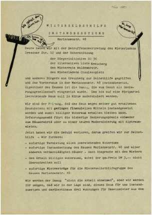 Flugschrift: Mieterselbsthilfe               Instandbesetzung Mariannenstr. 48, 1980