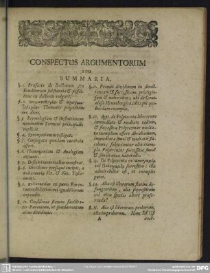 Conspectus Argumentorum Summaria