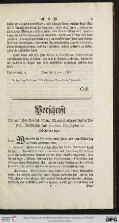 Vorschrifft wie auf Jhro Königl. Majestät allergnädigsten Befehl, künfftighin das Studium Philosophicum zubefolgen seye