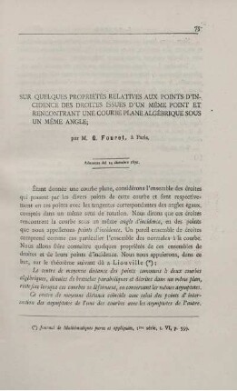 Sur quelques propriétés relatives aux points d´incidence des droites issues d´un même point et rencontrant une courbe plane algébrique sous un même angle.