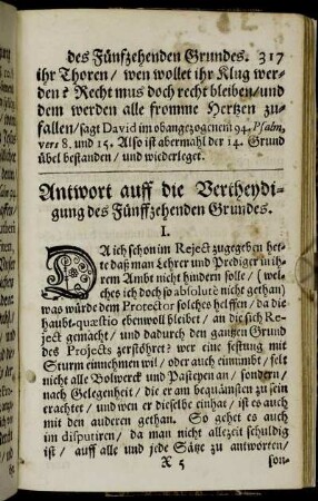 Antwort auff die Vertheydigung des Fünffzehenden Grundes.