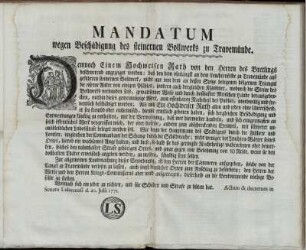 Mandatum wegen Beschädigung des steinernen Bollwerks zu Travemünde : Actum & decretum in Senatu Lubecensi d. 20. Julii 1771.